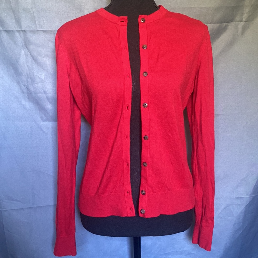 Ann Taylor Medium Trendy Red Long sleeve Cotton Button Up Cardigan Sweater